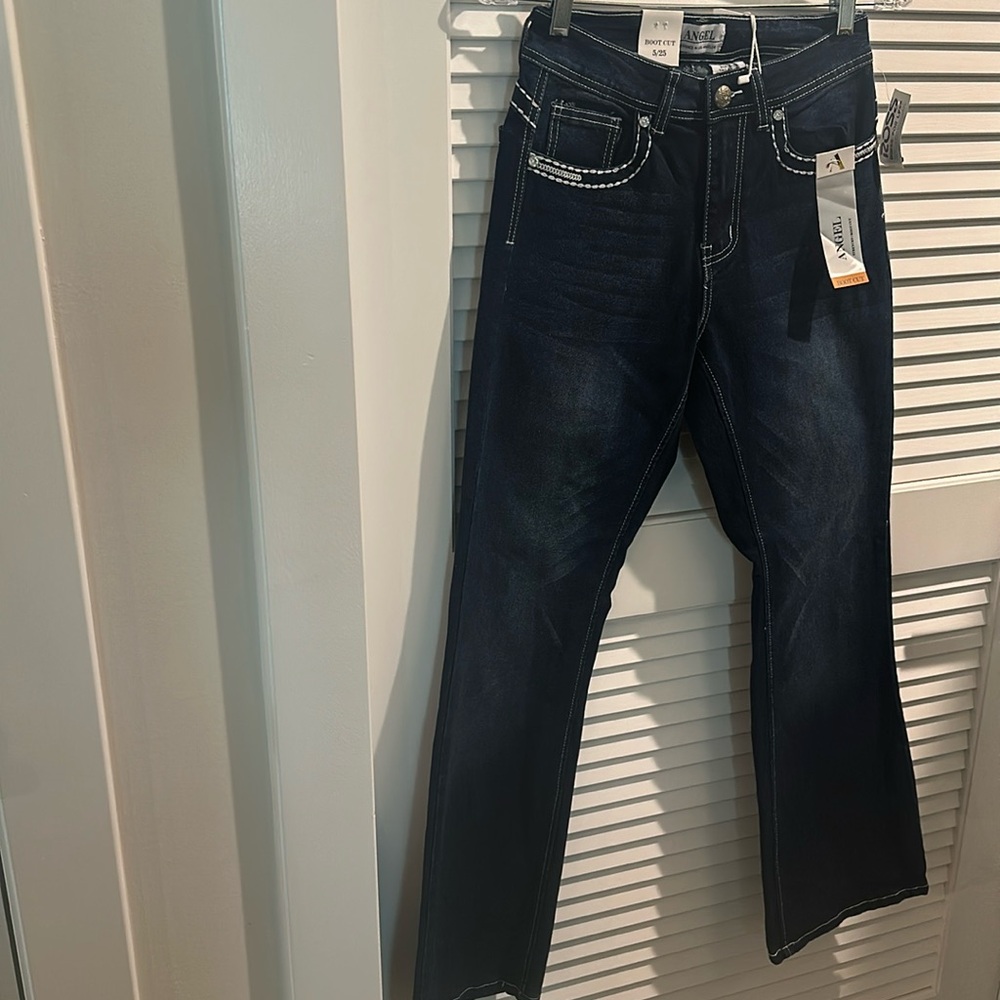 NWT Angel Premiun Denim Stretchy Boot Cut Blue Jeans with Jeweled Back pockets.